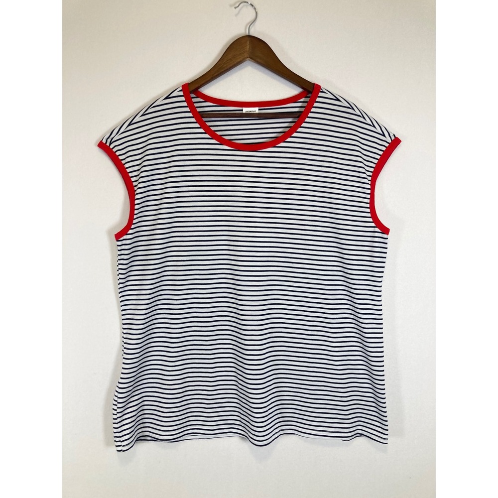 Nautical Preppy XIEERDUO Womens XXL White Navy Striped Red Trim Cap Sleeve Top